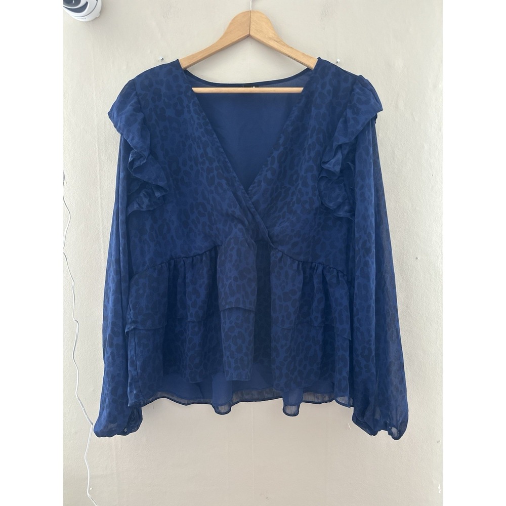 Torrid Womens Blouse Ruffle Blue Leopard Size‎ 2X Plus Office Animal Print
